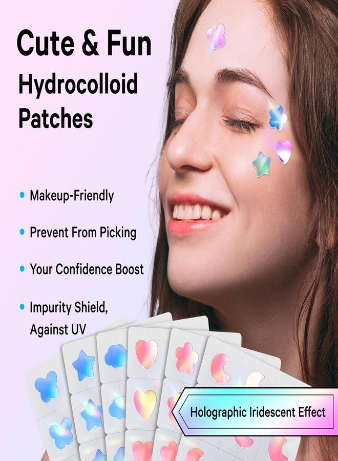 Sosky Hologram Pimple Patches for Face, Hydrocolloid Acne Patches with Salicylic Acid, Cute Star Zit Stickers,Colorful Blemish Covers,36 Count Blue Pink Star Moon Butterfly - Image 2